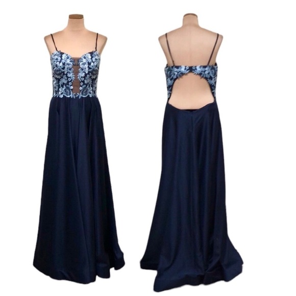 NWT La Femme Gown Size 14 Style 23881 Navy Blue Floral Cutout Maxi Dress - Picture 1 of 10